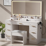 Homesflex Vanity Desk with Mirror and LED Lights, 43'' W Makeup Vanity Desk with Power Outlet, 3 Color Modes, 7 Drawers Vanity Table with Chair, Dressing Table for Bedroom, Dressing Room (White) Homesflex