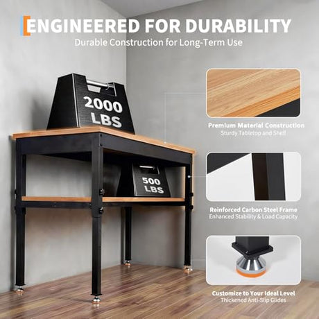 48" Work Bench, Adjustable Height Workbench with Storage Shelf, 48" x 24" Work Benches for Garage, 2500 LBS Tool Bench with Power Outlet for Workshop & Home EliteEdge