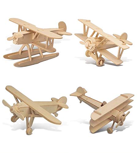 Puzzled Wooden Airplane Model Kits - Water Plane, Spirit of St. Louis, Nieuport 17 & Tri-Plane 3D Wooden Puzzles Set, Educational Adults & Kids Toys DIY Airplane Kit Assembly Planes to Build - 4 Pack Puzzled