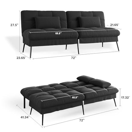COMHOMA Convertible Sofa Bed,72″Fabric Couch with Adjustable Backrest,Loveseat Recliner Sleeper Living Room Furniture futon Set (Black) COMHOMA