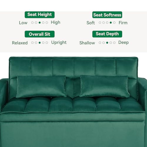3 in 1 Convertible Sleeper Sofa Futon Bed,Modern Velvet Pull Out Couch Bed with Reclining Backrest&2 Pillows,54" Full Size Small Love Seat Lounge Couches for Small Spaces,Living Room (Dark Green) Majnesvon