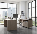 BOWERY HILL U-Shaped Computer Desk, Bark Gray Finish, 1.5" Commercial Grade Work Surface with Melamine, PVC Edge, Square Metal Legs, Adjustable Shelves, Reversible Design, 71.1" W x 89" D, Home BOWERY HILL