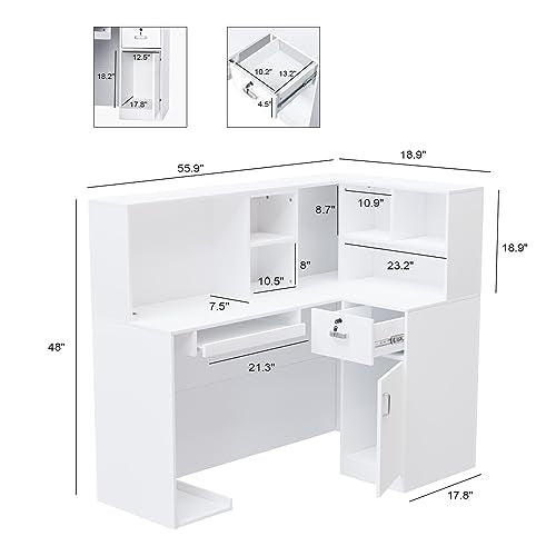 LEADZM Reception Desk, L Shaped Standing Front Desk Reception with Counter, Lockable Drawers & Adjustable Shelf for Salon Office, White(55.9"" W x 18.9"" D x 48"" H), LZRD001 LEADZM
