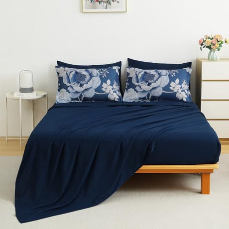 Luxudecor Floral Comforter Set Queen Size 7 Pieces Bed in a Bag,Flower Print on Blue Bedding Set,Soft Microfiber Bedding Set for All Season (Blue,90"x90") Luxudecor