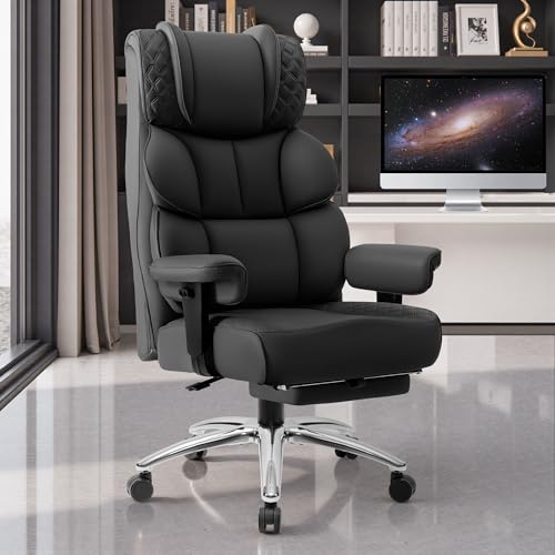 BestGlory Office Desk Chair, Big and Tall Leather Gaming Chair with Footrest, Wide Ergonomic Comfy Executive High-Back Reclining Computer Chairs, Swivel Rolling Wheels and Padded Lumbar Support, Black BestGlory