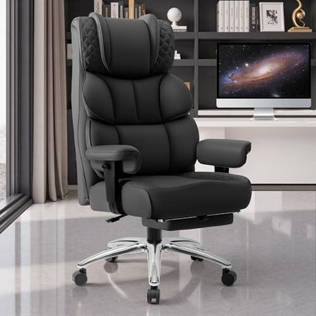BestGlory Office Desk Chair, Big and Tall Leather Gaming Chair with Footrest, Wide Ergonomic Comfy Executive High-Back Reclining Computer Chairs, Swivel Rolling Wheels and Padded Lumbar Support, Black BestGlory
