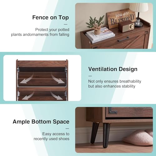 Barnyatoh Shoe Storage Cabinet,Farmhouse Shoe Organizer with 2 Flip Drawers & Barn Door Design,Freestanding Hidden Slim Narrow Shoe Rack Cabinet for Entryway,Foyer,Hallway,Walnut Barnyatoh