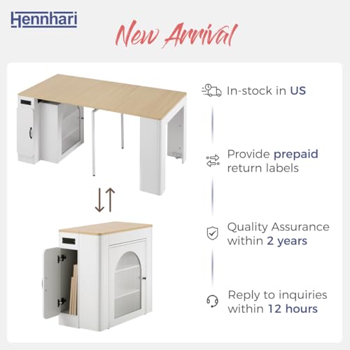 Hennhari Extendable Console Dining Table with Power Outlet & Iron Support Legs, Console Table with Extension Leaves Holder & LED Lights Glass Door Storage for Dining Room (Cream White) Hennhari