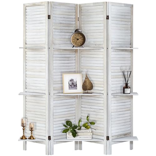 AMBITION LAND Room Divider with Shelves, Privacy Screen, Room Dividers and Folding Privacy Screens, 4 Panel Wood Temporary Wall Partition Separation Separator, Coconut AMBITION LAND