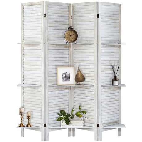 AMBITION LAND Room Divider with Shelves, Privacy Screen, Room Dividers and Folding Privacy Screens, 4 Panel Wood Temporary Wall Partition Separation Separator, Coconut AMBITION LAND