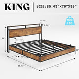 AMERLIFE King Size Floating Bed Frame with 2-Tier Storage Headboard, Metal Bed Frame with Charging Station & LED Lights, No Box Spring Needed, Rustic Brown AMERLIFE