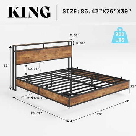 AMERLIFE King Size Floating Bed Frame with 2-Tier Storage Headboard, Metal Bed Frame with Charging Station & LED Lights, No Box Spring Needed, Rustic Brown AMERLIFE