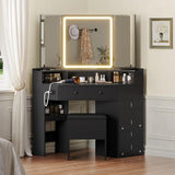 HAUOMS Corner Vanity Desk with Mirror and Lights, Power Outlet & Rotating Shelves, Makeup Vanities with Storage Bench, Drawers, 3 Light Settings, Dimmable for Women Girls, Black HAUOMS