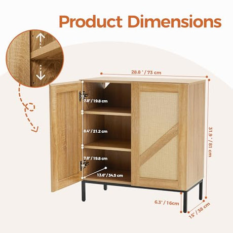 Mericonia Buffet Cabinet with Storage, Sideboards 2 Doors with Metal Base and Adjustable Shelf for Kitchen, Coffee Bar, Entryway, Hallway,Living Room (Rattan Buffet Cabinet, Natural) Mericonia