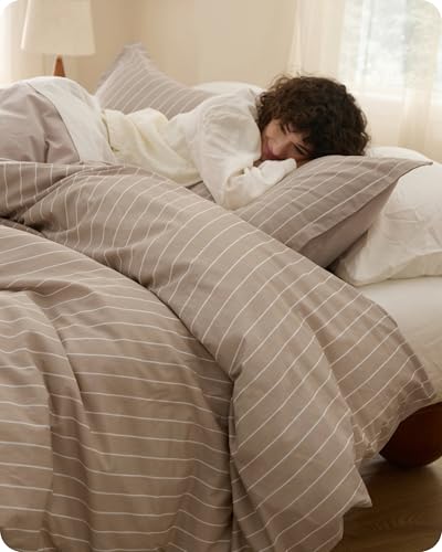 Bedsure Striped Duvet Cover King Size,100% Washed Cotton Duvet Cover Linen Like Textured, Classic Striped Pattern Enhances Bedroom Comfort and Style, Stripes Tan/White, 104"x90" Bedsure