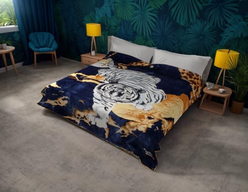White Tiger Blanket Korean Mink Ultra Silky Soft Reversible Bed comforter bedspread bedding Cobias Heavy thick weight Perfect for Winter all season throw (King, 71 Tiger Blue) SOLARON