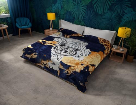 White Tiger Blanket Korean Mink Ultra Silky Soft Reversible Bed comforter bedspread bedding Cobias Heavy thick weight Perfect for Winter all season throw (King, 71 Tiger Blue) SOLARON