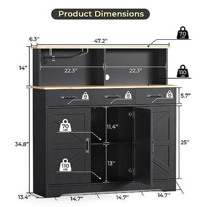 yacchi home Buffet Cabinet with Storage, 47" Large Double-Layer Sideboard Cabinet, Kitchen Cabinet with 3 Drawers and Movable Laminate, Durable Wood Coffee Bar Cabinet for Kitchen Dining Room - WoodArtSupply