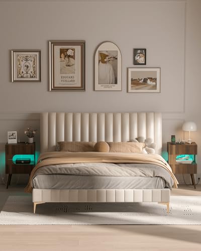 JOONEE Nightstand with Charging Station and LED Lights,Modern Bedside Table with 2 Storage Drawer,Night Stand with Solid Wood Legs,White (Walnut Brown) JOONEE