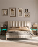 JOONEE Nightstand with Charging Station and LED Lights,Modern Bedside Table with 2 Storage Drawer,Night Stand with Solid Wood Legs,White (Walnut Brown) JOONEE