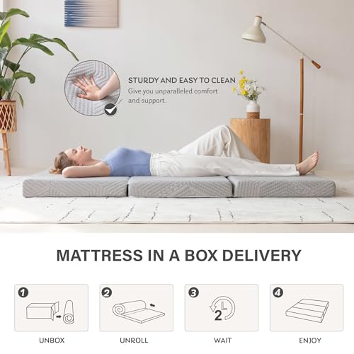 Tri-Fold Memory Foam Mattress, 4 inch Twin Folding Mattress with Collapsible and Washable Cover, Travel and Guest Mat, 75"×38"×4", Grey MLILY