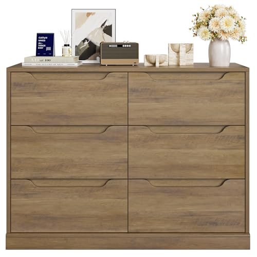 HOSTACK Modern 6 Drawer Dresser for Bedroom, Double Chest of Drawers with Storage, Large Wooden Storage Dresser Organizer with Cut-Out Handle, Accent Storage Cabinet for Living Room, Rustic Brown HOSTACK