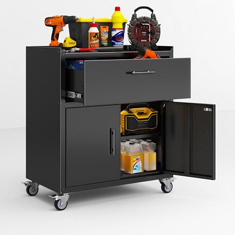 Metal Storage Cabinets Locker with Shelves and Drawer, Metal Rolling Storage Cart, Adjustable Shelf, Tool Organizer for Garage Warehouse, Black, 35" H x 30" W x 18" D Metallitrend