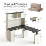 FEZIBO 60" L Shaped Executive Standing Desk with Hutch and Storage Cabinet, Farmhouse Standing Desk with Charging Station, Reversible Home Office Workstation, Antique White FEZIBO