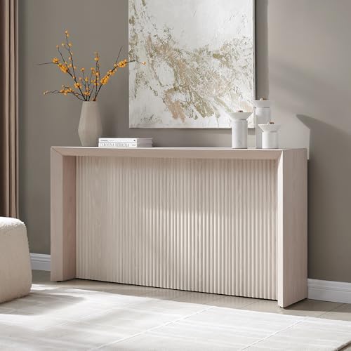 Henn&Hart 56" Fluted Wooden Rectangular Console Table Ribbed Entryway Table, Sofa Table for Entryway, Living Room, Couch, Hallway, or Office, Beech White Henn&Hart