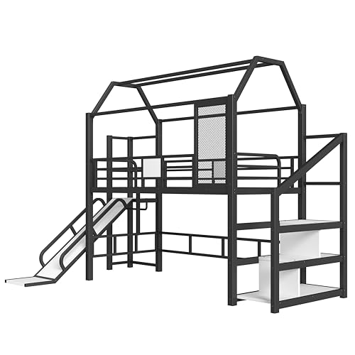 Bellemave Twin Size Metal House Loft Bed with Slide and Stairs,Heavy Duty Playhouse Loft Bed Frame with Storage Shelves for Kids,Teens,Adults,Black Bellemave