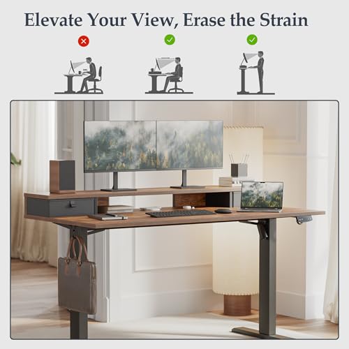 Klicelor 55 Inch Electric Standing Desk with Drawers, Adjustable Height Small Sit Stand Desk for Home Office, Compact Computer Workstation with Storage– Rustic Brown Klicelor