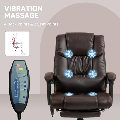 Vinsetto High Back Massage Office Chair with 6 Vibration Points, PU Leather Reclining Computer Chair, Ergonomic Desk Chair with Footrest Adjustable Height and Remote, Brown Vinsetto
