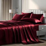 P Pothuiny 6 Pieces King Satin Sheets Luxury Silky Burgundy Satin Bedding Sheet Set, 1 Deep Pocket Fitted Sheet + 1 Flat Sheet + 4 Pillow Cases P Pothuiny