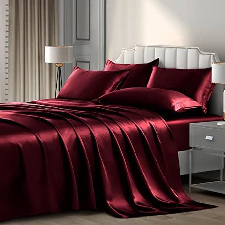 P Pothuiny 6 Pieces Full Satin Sheets Luxury Silky Burgundy Satin Bedding Sheet Set, 1 Deep Pocket Fitted Sheet + 1 Flat Sheet + 4 Pillow Cases P Pothuiny