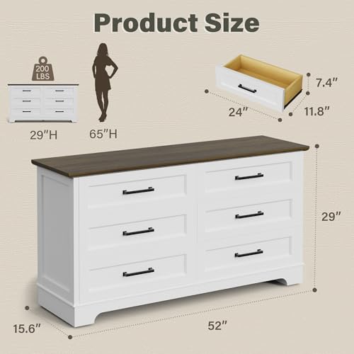 YESHOMY Dresser for Bedroom, Farmhouse 6 Drawers Dresser, Chest of Drawer Chest, Multi-Tier Clothing Storage Cabinet, White and Brown YESHOMY