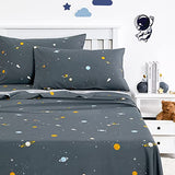 Wake In Cloud - Space Bed Sheets for Boys, 100% Cotton, 4-Piece Sheet Set Kids, Galaxy Celestial Stars Rockets Planets Pattern Printed Bedding, Deep Pocket, Gray, Twin Size Wake In Cloud