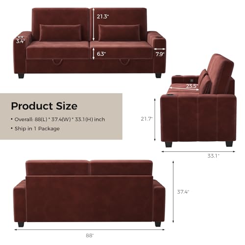 COPIAE Loveseat Sofa, Larger Couch Velvet Fabric with Storage, Charging Ports, Heightened Backrests, Removable Cover Modern Comfy Couches Easy Assembly for Living Room, 88 Inch Burgundy COPIAE