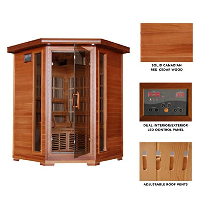 Radiant Saunas BSA1312 3-Person Cedar Corner Infrared Sauna w/ 7 Carbon Heaters