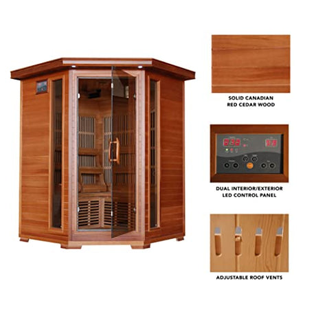 Radiant Saunas BSA1312 3-Person Cedar Corner Infrared Sauna w/ 7 Carbon Heaters Blue Wave