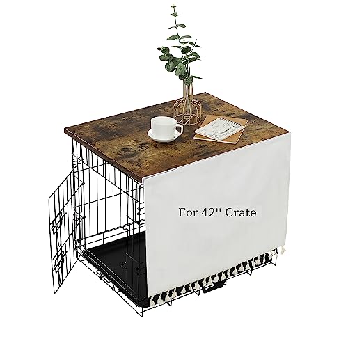 VIE DE AMAN Dog Crate Topper Wood for 48 42 36 24 inch Cages, Dog Crate Table Topper with Tassel Curtain, Rustic Style Dog Kennel Topper, Rustic Brown(Dog Crate Not Include) - WoodArtSupply