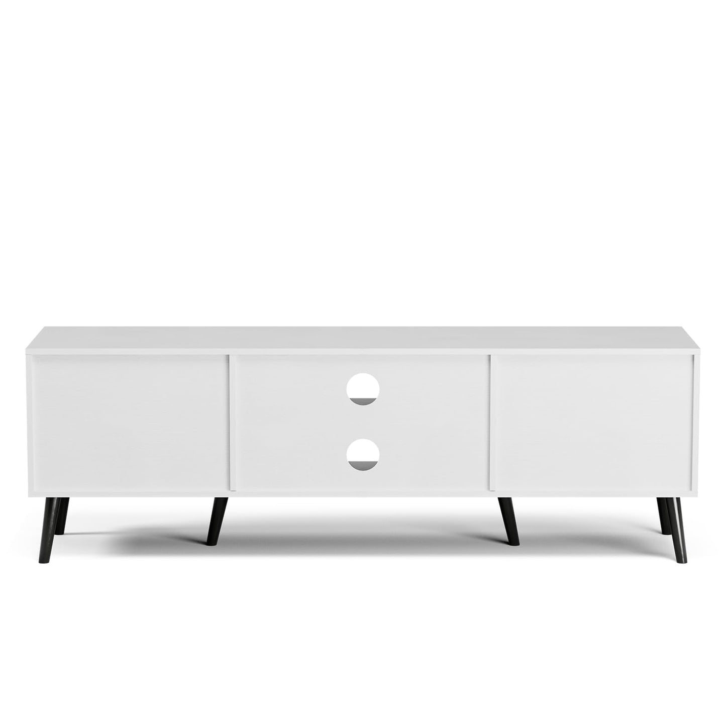 ZttRiee TV Stand for TVs up to 65'', Mid Century Modern Entertainment Center with Rattan Door, Shelves & 2 Cabinets, Boho Media TV Console for Living Room, Bedroom, White