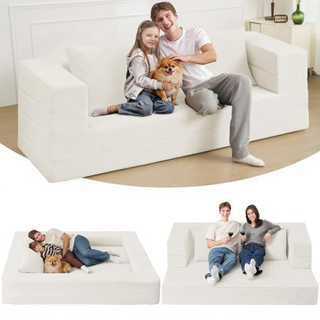 Cansunna Futon Sofa Bed with Pillow, 3-in-1 Sleeper Sofa Bed with Removable Cover, Convertible Floor Sofa Bed, No Assembly Boneless Couch for Living Room, Bedroom Cansunna
