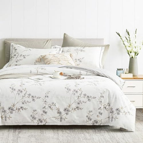 LEMIROE Vintage Botanical White Cotton Comforter King Size - Elegant Gray Flowers and Taupe Branches on White, Light Gray Striped Back, 3PC Lightweight Bedding Set with Ultra-Soft Alternative Fill LEMIROE