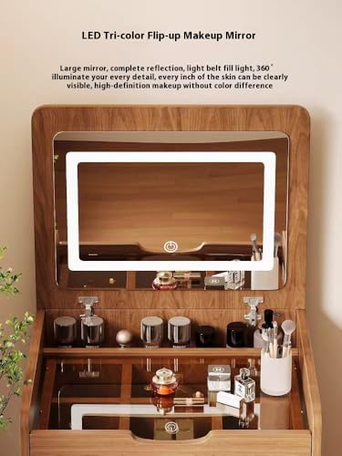 Videvik 3 in 1 Vanity Desk with Plip Top Mirror and Lights, 18.9" Small Make Up Vanity Set with Visible Glass Desktop,Compact Makeup Vanity with 3 Drawers,Dressing Table for Bedroom,Walnut Videvik