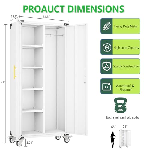 71" Tall Broom Closet Storage Cabinet with Hanging Rod for Cleaning Supplies & Tools,Metal Utility Storage Cabinets with Lock,Wardrobe Cabinets with Adjustable Shelves for Garage,Laundry Room,Bedroom Lusiwry