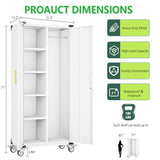 71" Tall Broom Closet Storage Cabinet with Hanging Rod for Cleaning Supplies & Tools,Metal Utility Storage Cabinets with Lock,Wardrobe Cabinets with Adjustable Shelves for Garage,Laundry Room,Bedroom Lusiwry