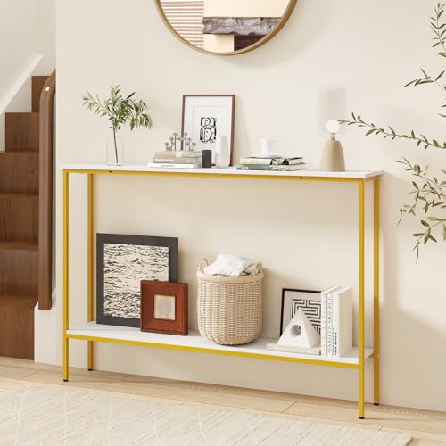 Giantex 44" Gold Console Table with Shelf, Narrow Long Entryway Table with Dual Anti-Tipping Kits & Metal Frame, 2-Tier Sofa Table Behind Couch, Hallway Table for Living Room, Entrance, Foyer Giantex