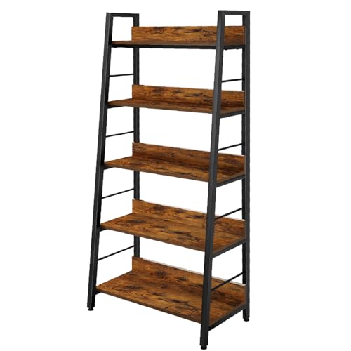 BATHWA 5-Tier Industrial Rustic Ladder Bookshelf - Open Wood and Metal Accent Bookcase - WoodArtSupply