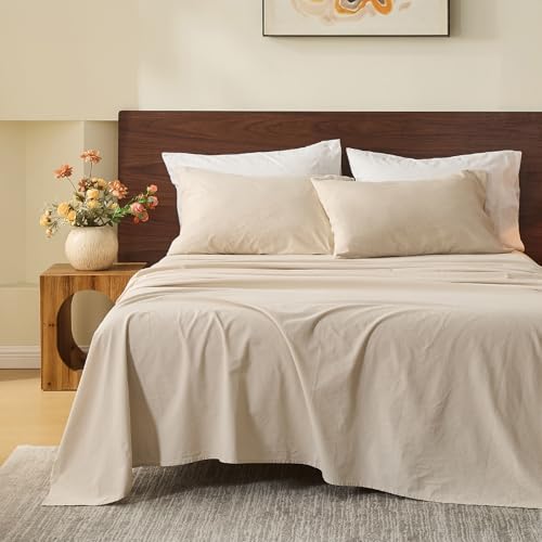 MEISHANG 100% French Pure Linen Sheets Queen Size - Bed Sheets 4 Piece Sets, Soft Durable Flax Linen, Anti-Tear Breathable Oeko-Tex Certified with 16" Deep Pocket (Linen) MEISHANG