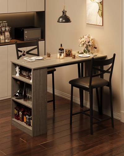 GarveeHome Extendable Bar Table Set for 2, 16 in Wide Cushions for Comfortable Seating, Bar Table and Chairs Set, Suitable for 2-4 People, Sturdy and Durable New Choice, Gray GarveeHome